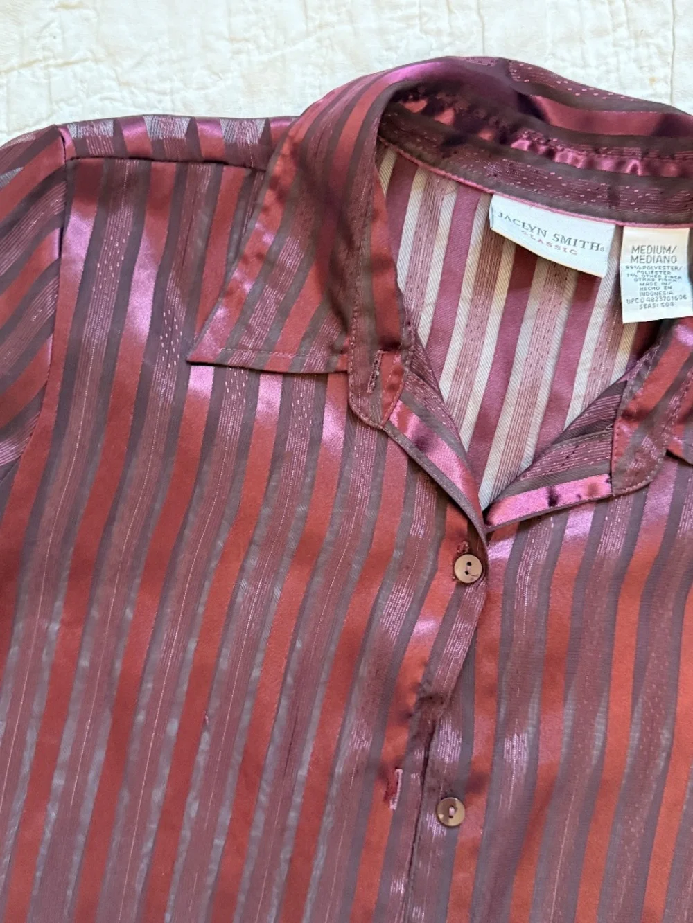 Y2K Jaclyn Smith Maroon Satin-Stripe Sheer Blouse